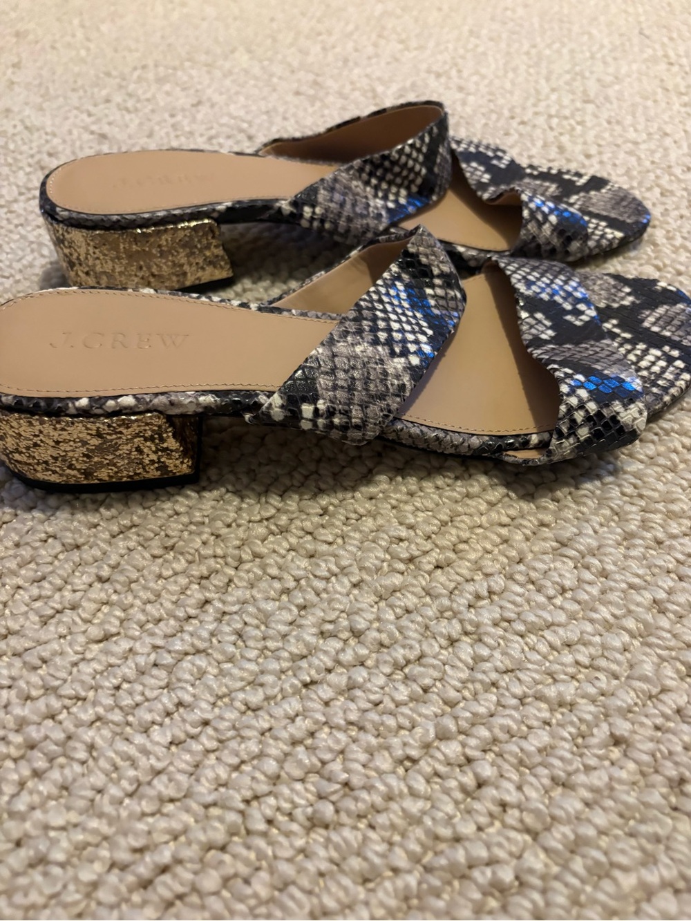 J. Crew Snake-Print Slide Mules with Gold Block Heel